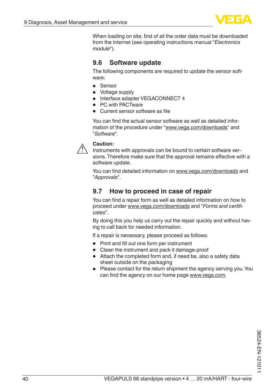 6 software update, 7 how to proceed in case of repair | VEGA VEGAPULS 66 (≥ 2.0.0 - ≥ 4.0.0) standpipe ver. 4 … 20 mA_HART - four-wire User Manual | Page 40 / 52