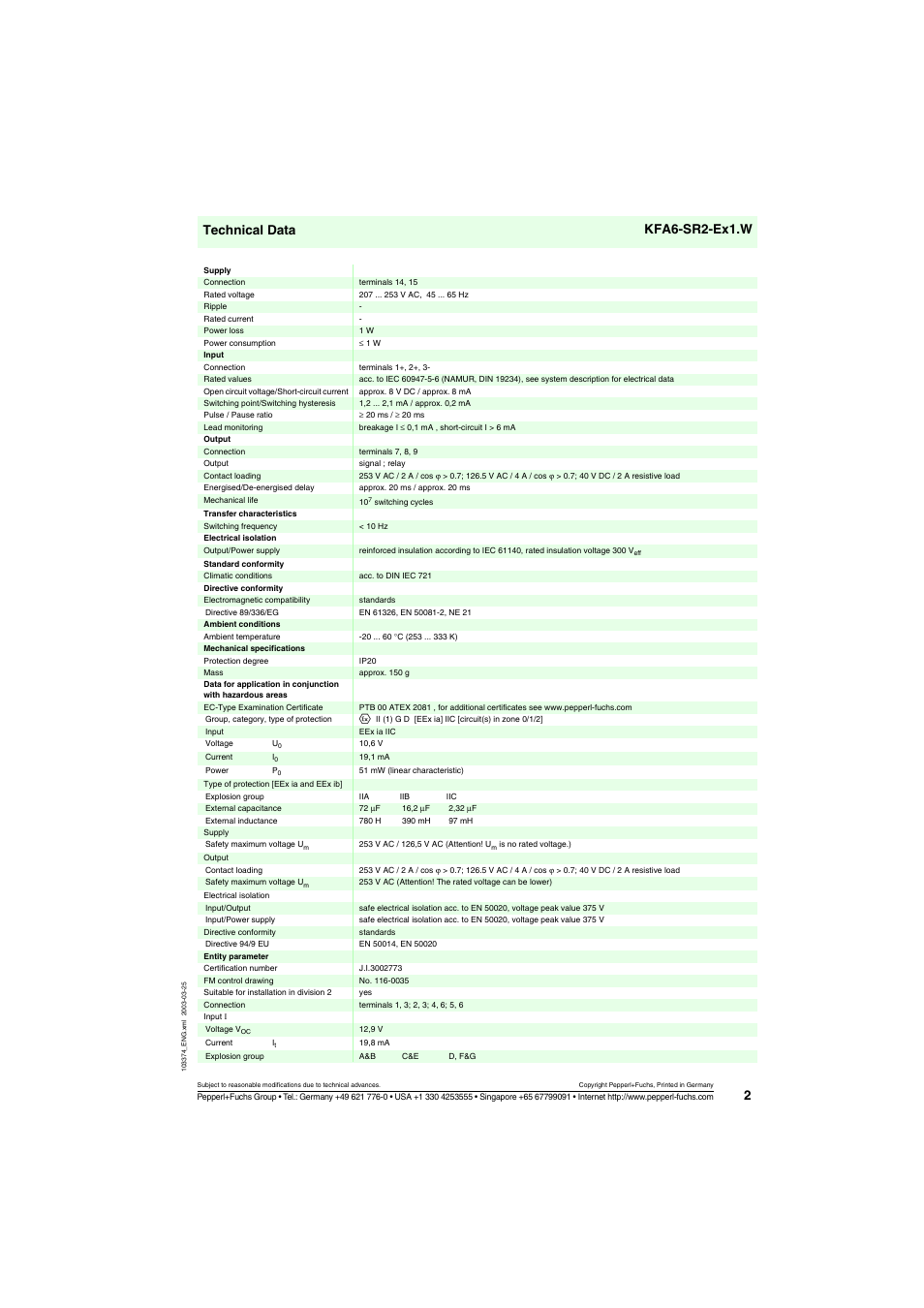 Technical data kfa6-sr2-ex1.w | VEGA KFA6-SR2-Ex1.W User Manual | Page 2 / 3