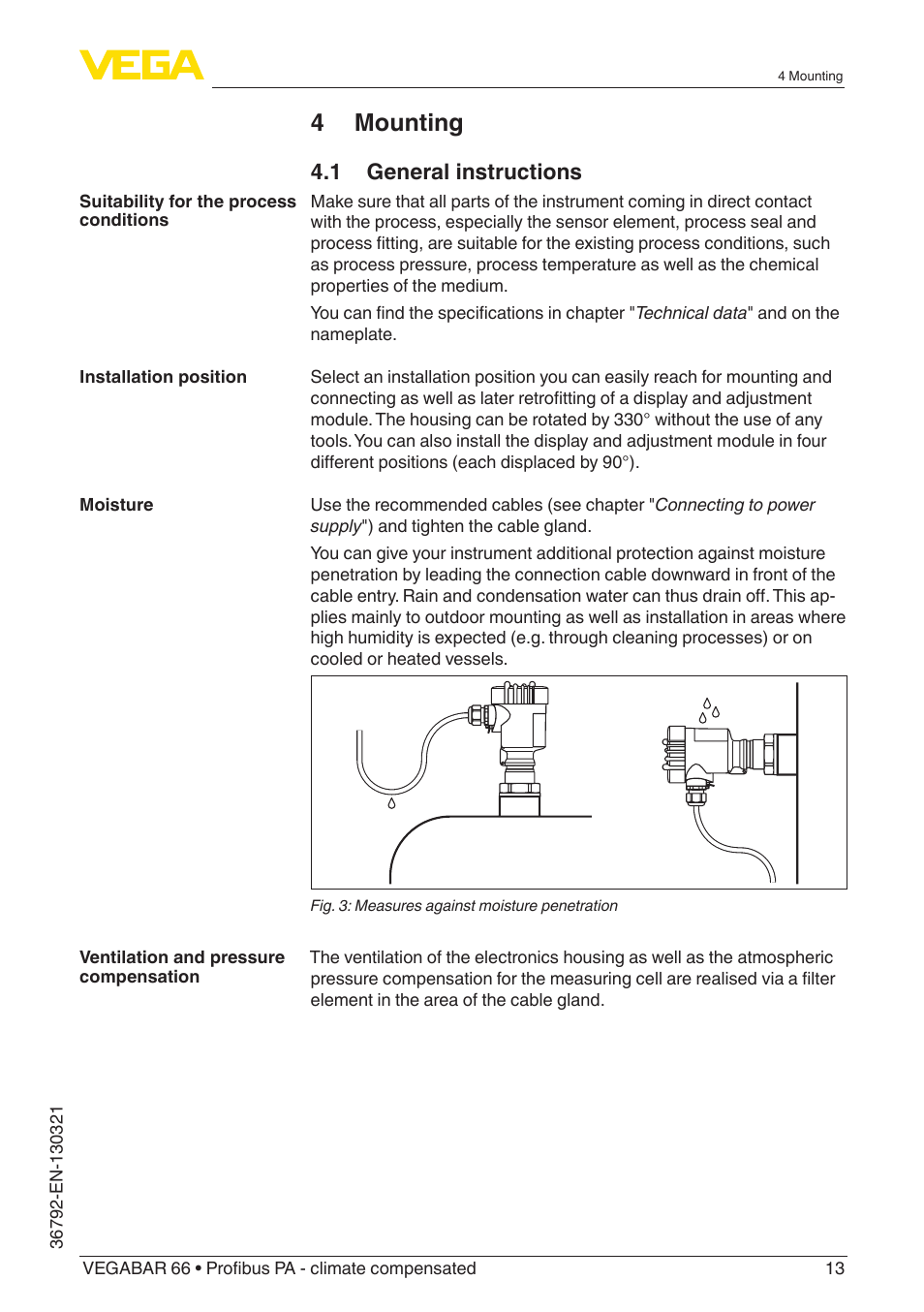 4 mounting, 1 general instructions | VEGA VEGABAR 66 Profibus PA - climate compensated User Manual | Page 13 / 76