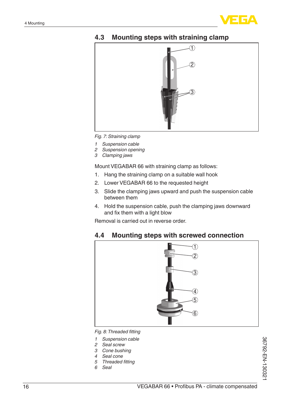 3 mounting steps with straining clamp, 4 mounting steps with screwed connection | VEGA VEGABAR 66 Profibus PA - climate compensated User Manual | Page 16 / 76