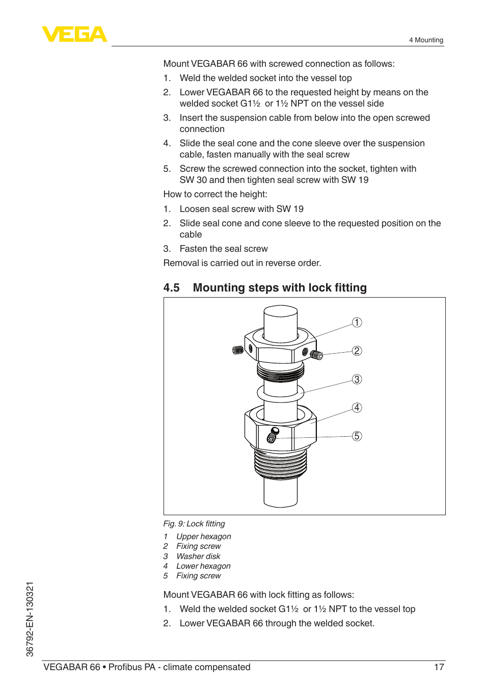 5 mounting steps with lock fitting | VEGA VEGABAR 66 Profibus PA - climate compensated User Manual | Page 17 / 76