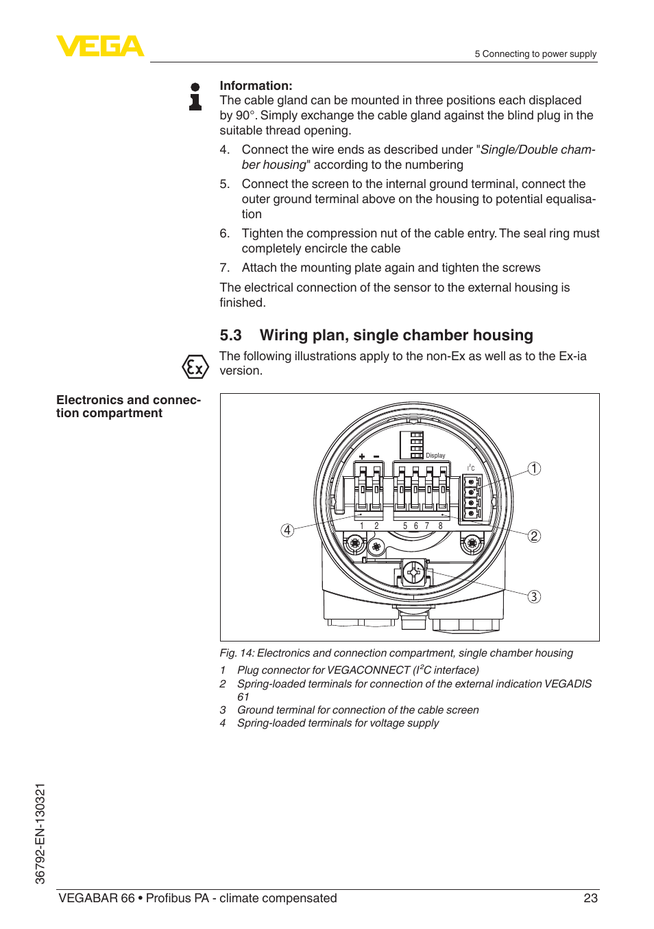 3 wiring plan, single chamber housing | VEGA VEGABAR 66 Profibus PA - climate compensated User Manual | Page 23 / 76