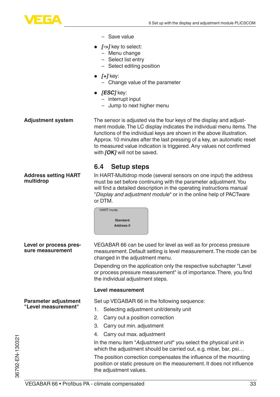 4 setup steps | VEGA VEGABAR 66 Profibus PA - climate compensated User Manual | Page 33 / 76