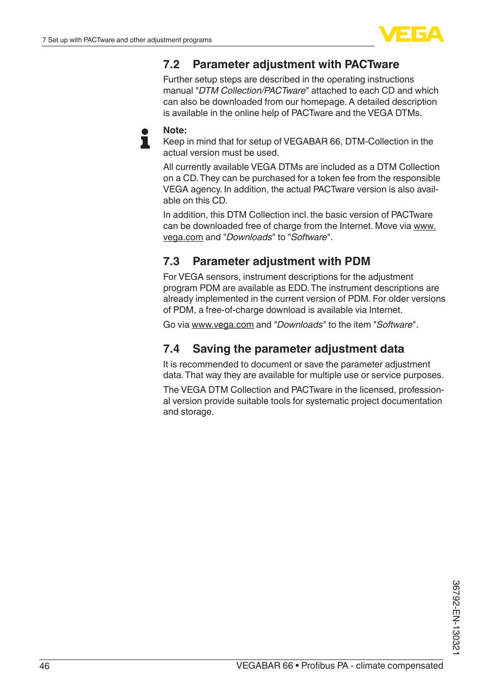 2 parameter adjustment with pactware, 3 parameter adjustment with pdm, 4 saving the parameter adjustment data | VEGA VEGABAR 66 Profibus PA - climate compensated User Manual | Page 46 / 76