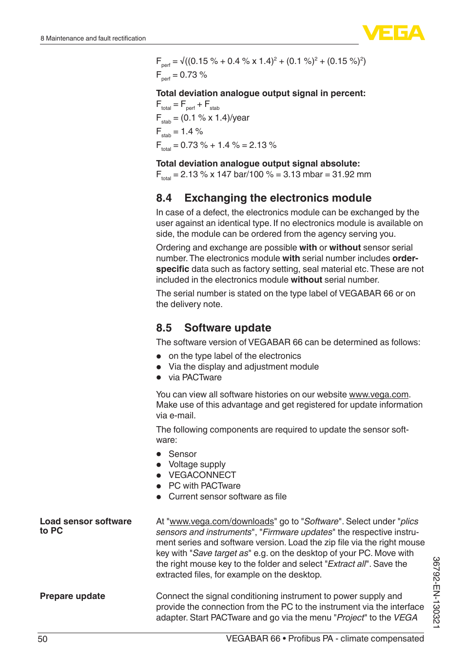 4 exchanging the electronics module, 5 software update | VEGA VEGABAR 66 Profibus PA - climate compensated User Manual | Page 50 / 76