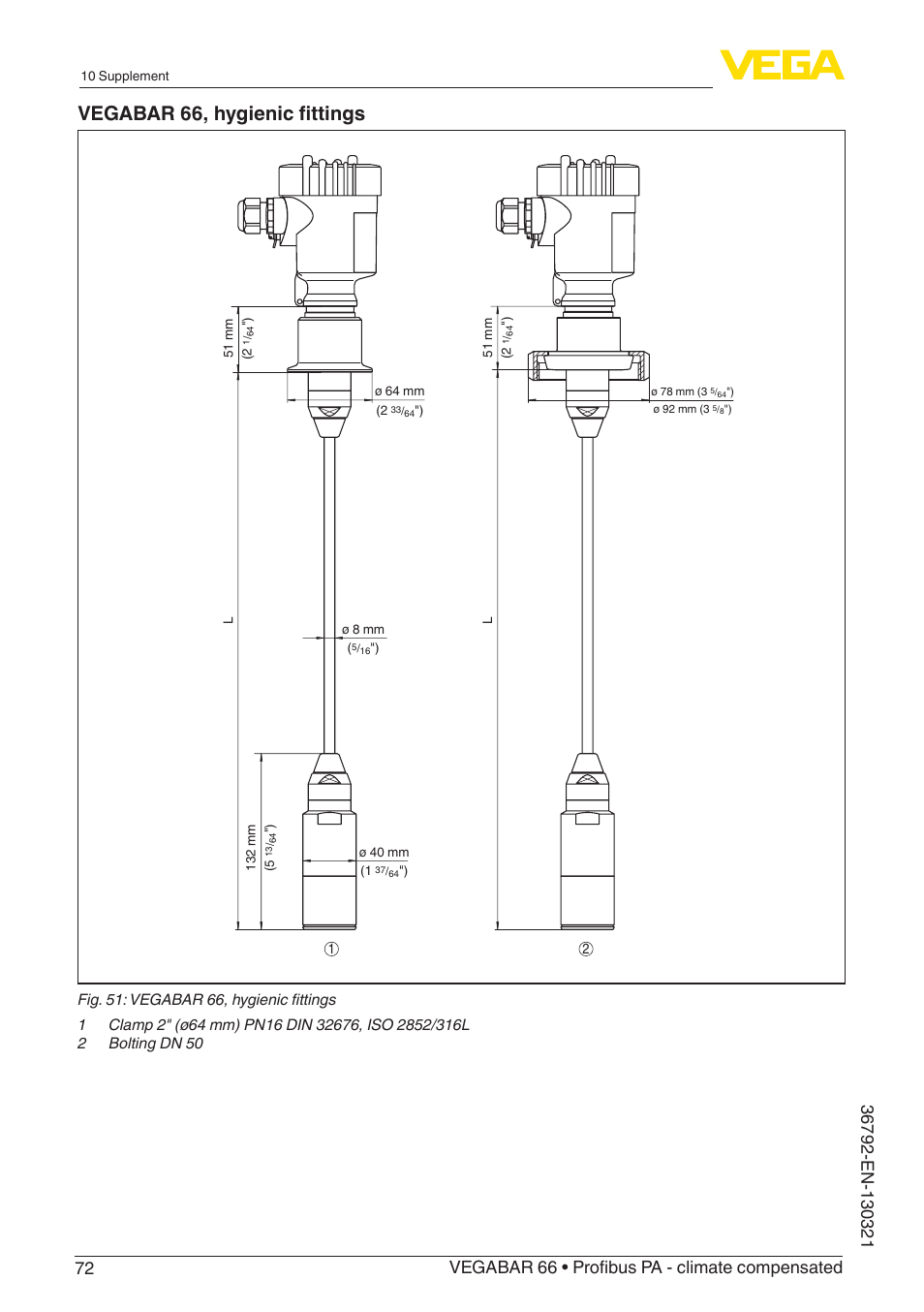 Vegabar 66, hygienic fittings | VEGA VEGABAR 66 Profibus PA - climate compensated User Manual | Page 72 / 76