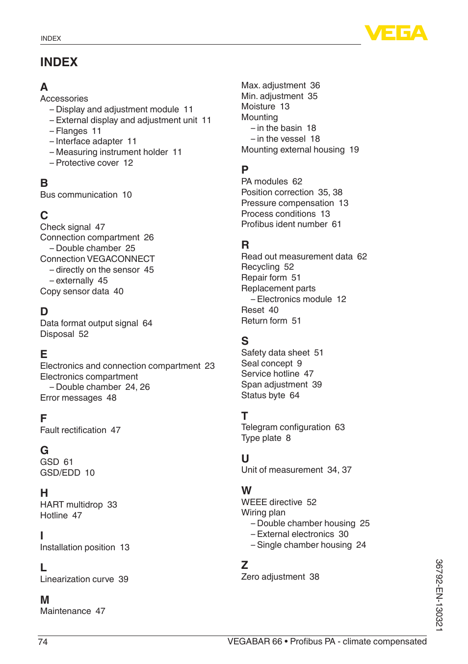 Index | VEGA VEGABAR 66 Profibus PA - climate compensated User Manual | Page 74 / 76