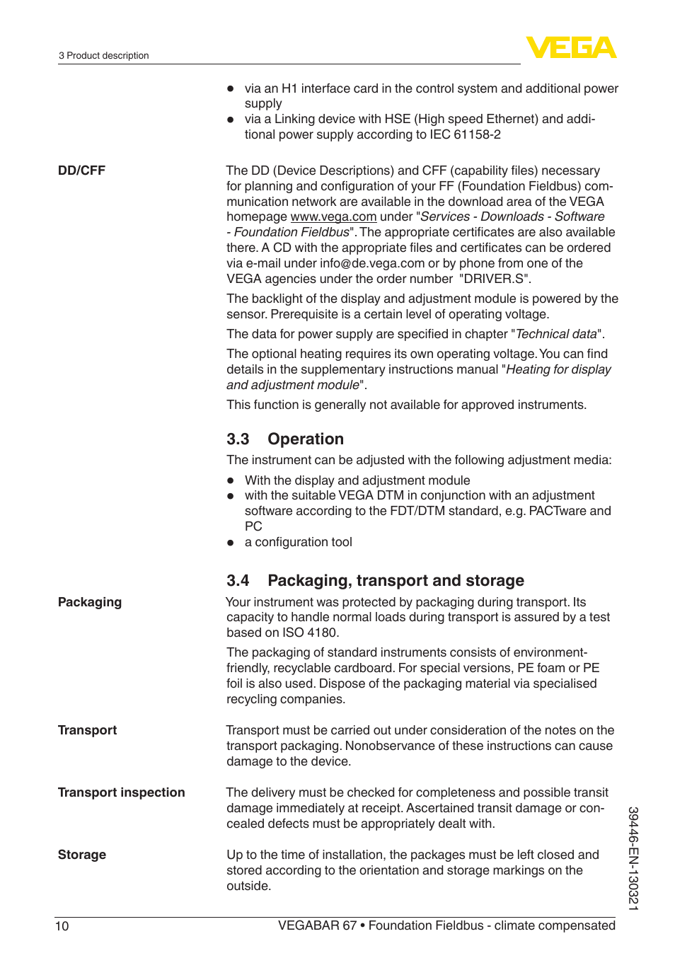 VEGA VEGABAR 67 Foundation Fieldbus - climate compensated User Manual | Page 10 / 68