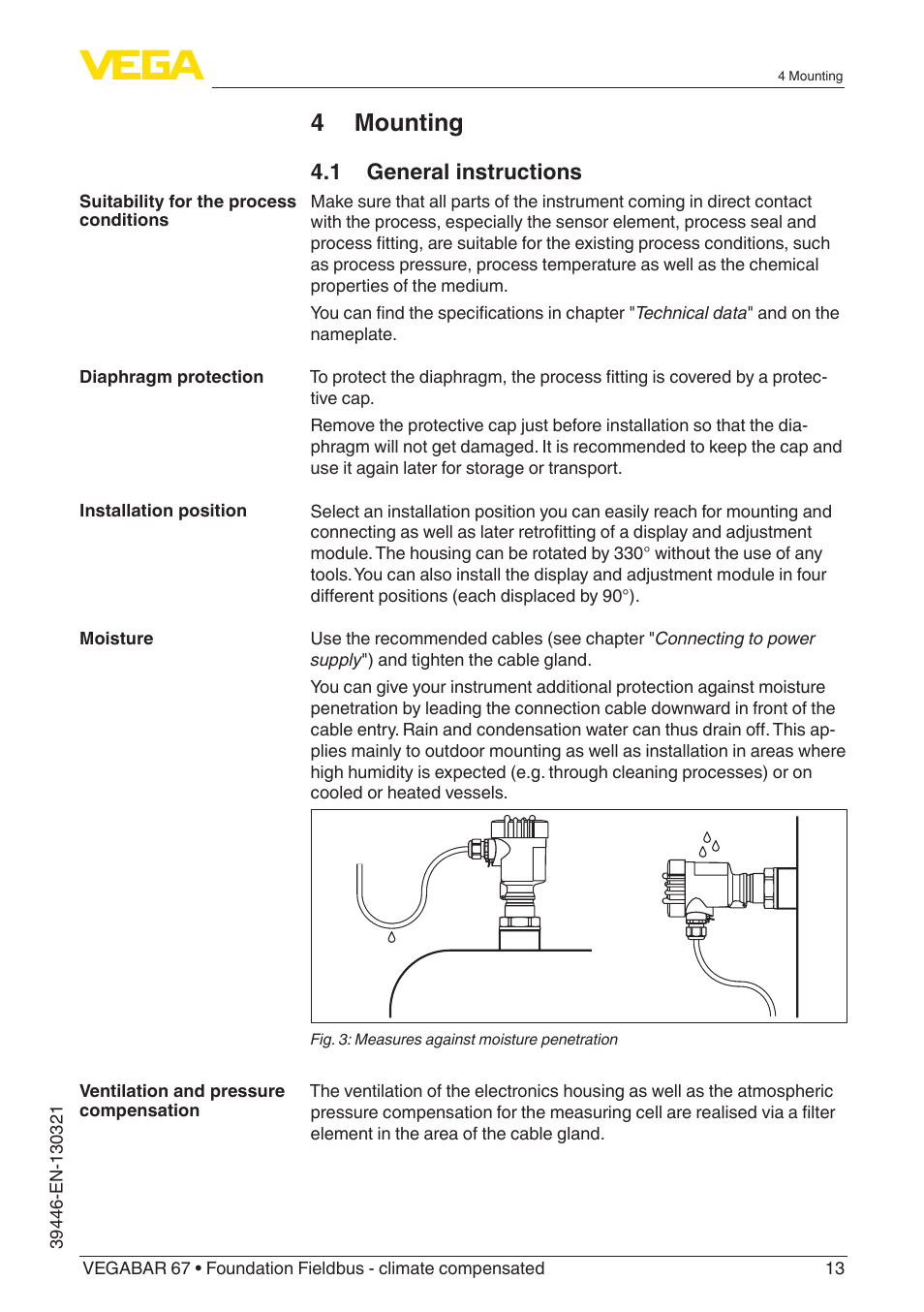 4 mounting, 1 general instructions | VEGA VEGABAR 67 Foundation Fieldbus - climate compensated User Manual | Page 13 / 68
