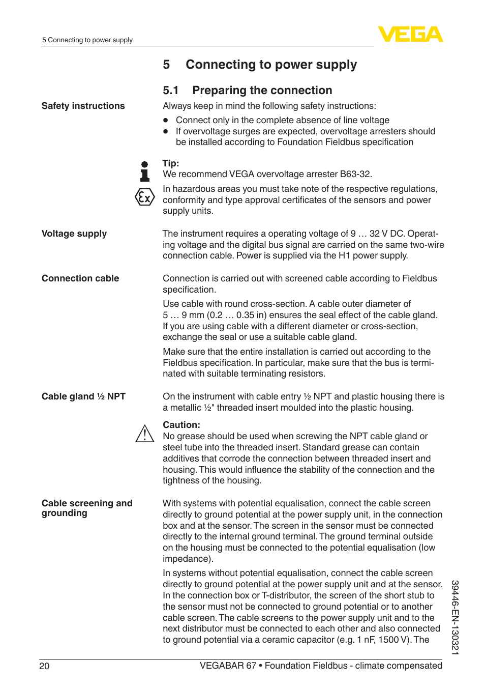 5 connecting to power supply, 1 preparing the connection | VEGA VEGABAR 67 Foundation Fieldbus - climate compensated User Manual | Page 20 / 68