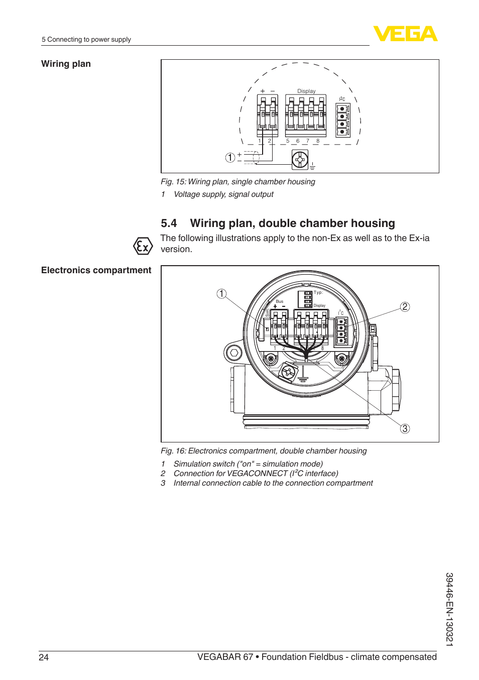 4 wiring plan, double chamber housing, Wiring plan electronics compartment | VEGA VEGABAR 67 Foundation Fieldbus - climate compensated User Manual | Page 24 / 68