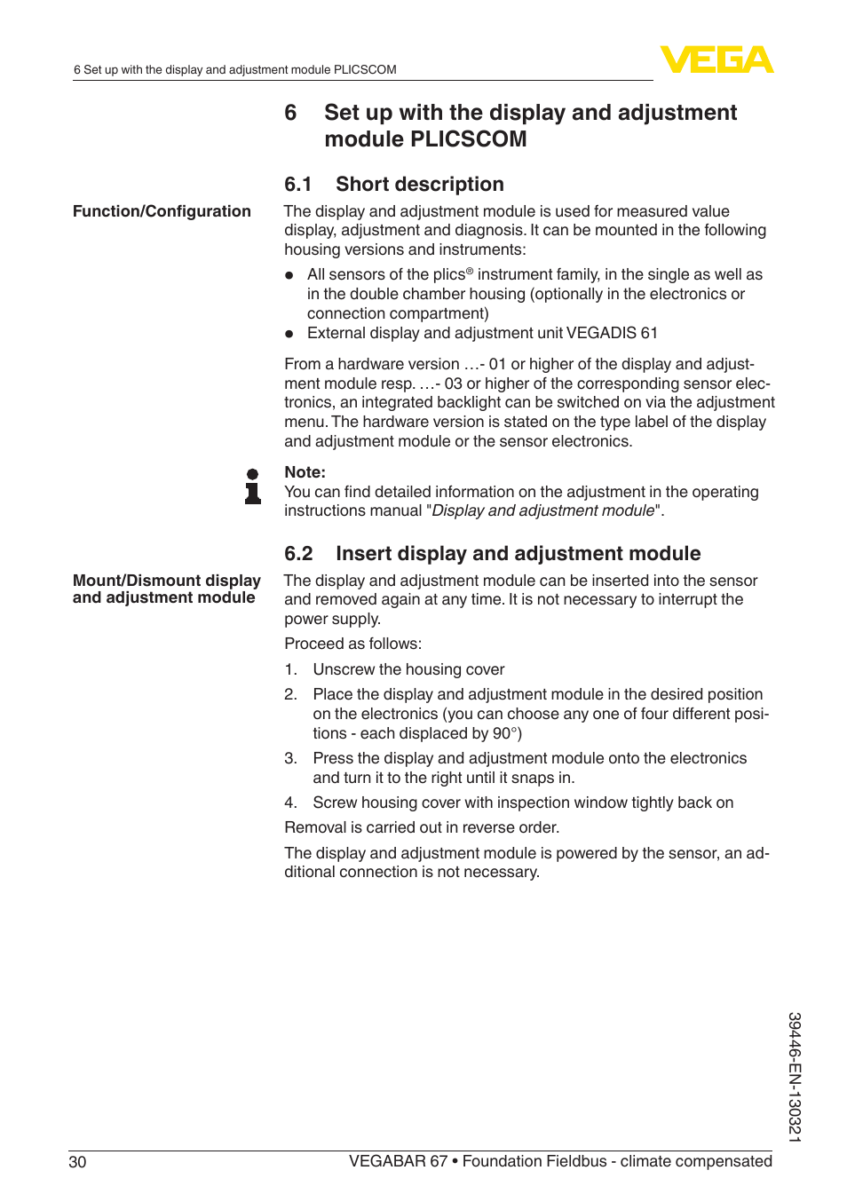 VEGA VEGABAR 67 Foundation Fieldbus - climate compensated User Manual | Page 30 / 68
