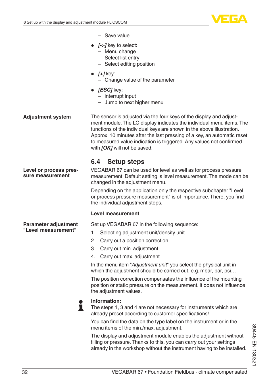 4 setup steps | VEGA VEGABAR 67 Foundation Fieldbus - climate compensated User Manual | Page 32 / 68