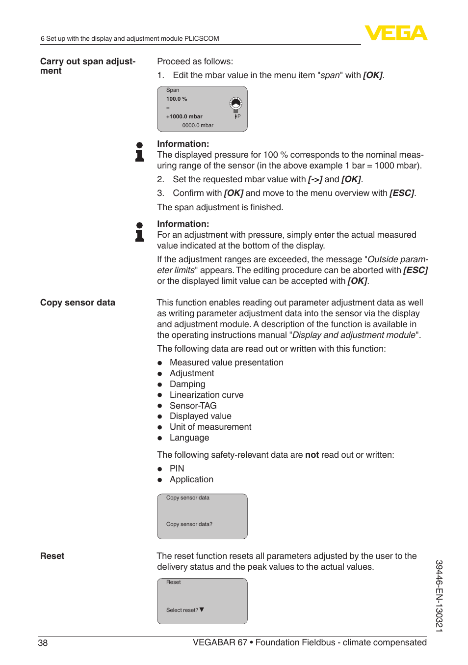 VEGA VEGABAR 67 Foundation Fieldbus - climate compensated User Manual | Page 38 / 68