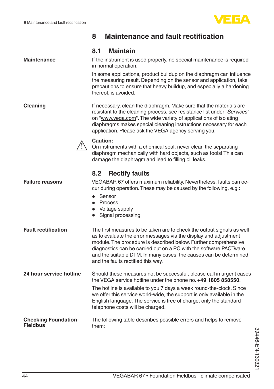 8 maintenance and fault rectification | VEGA VEGABAR 67 Foundation Fieldbus - climate compensated User Manual | Page 44 / 68
