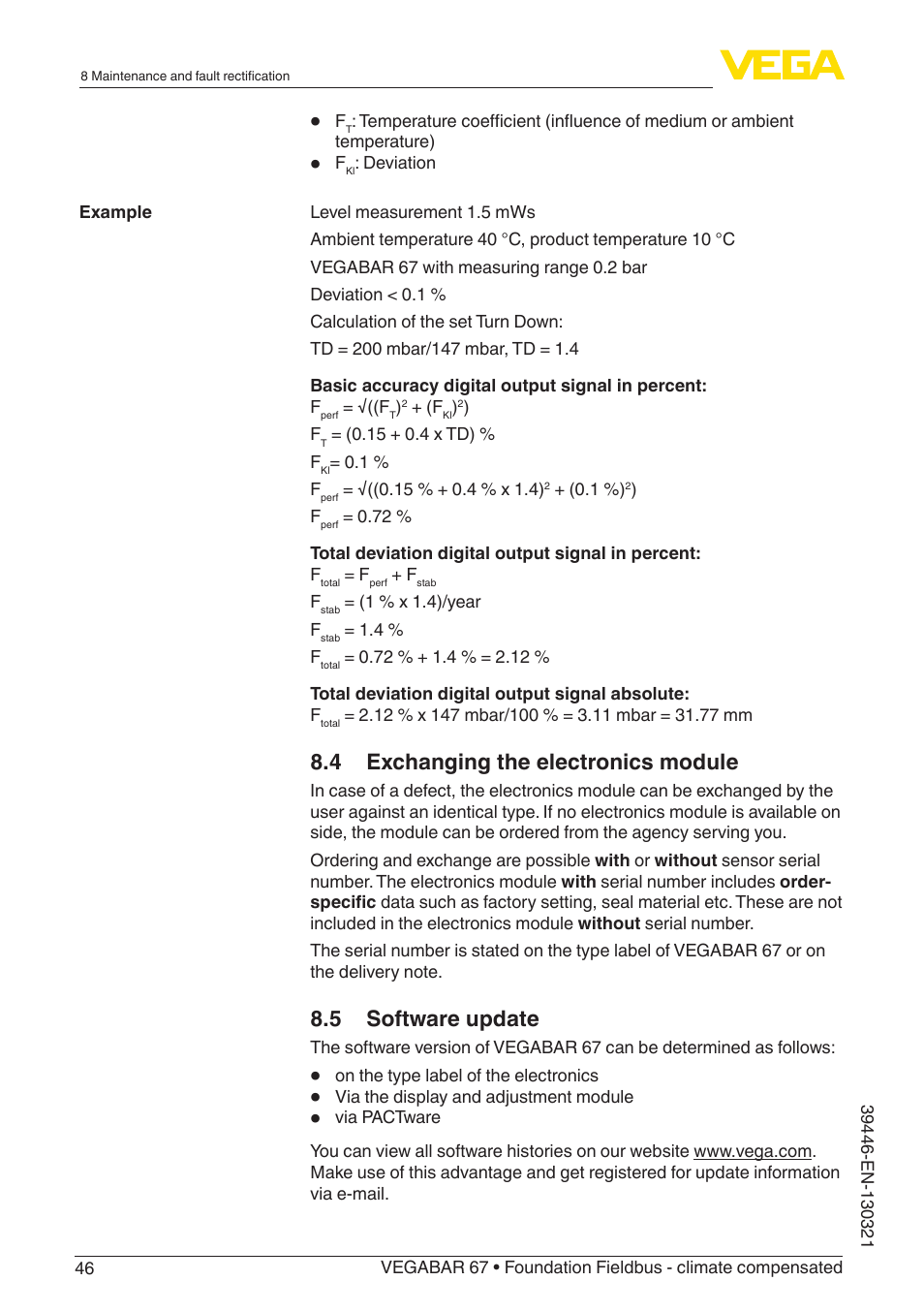 4 exchanging the electronics module, 5 software update | VEGA VEGABAR 67 Foundation Fieldbus - climate compensated User Manual | Page 46 / 68