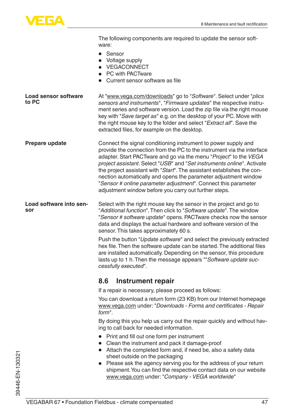 VEGA VEGABAR 67 Foundation Fieldbus - climate compensated User Manual | Page 47 / 68
