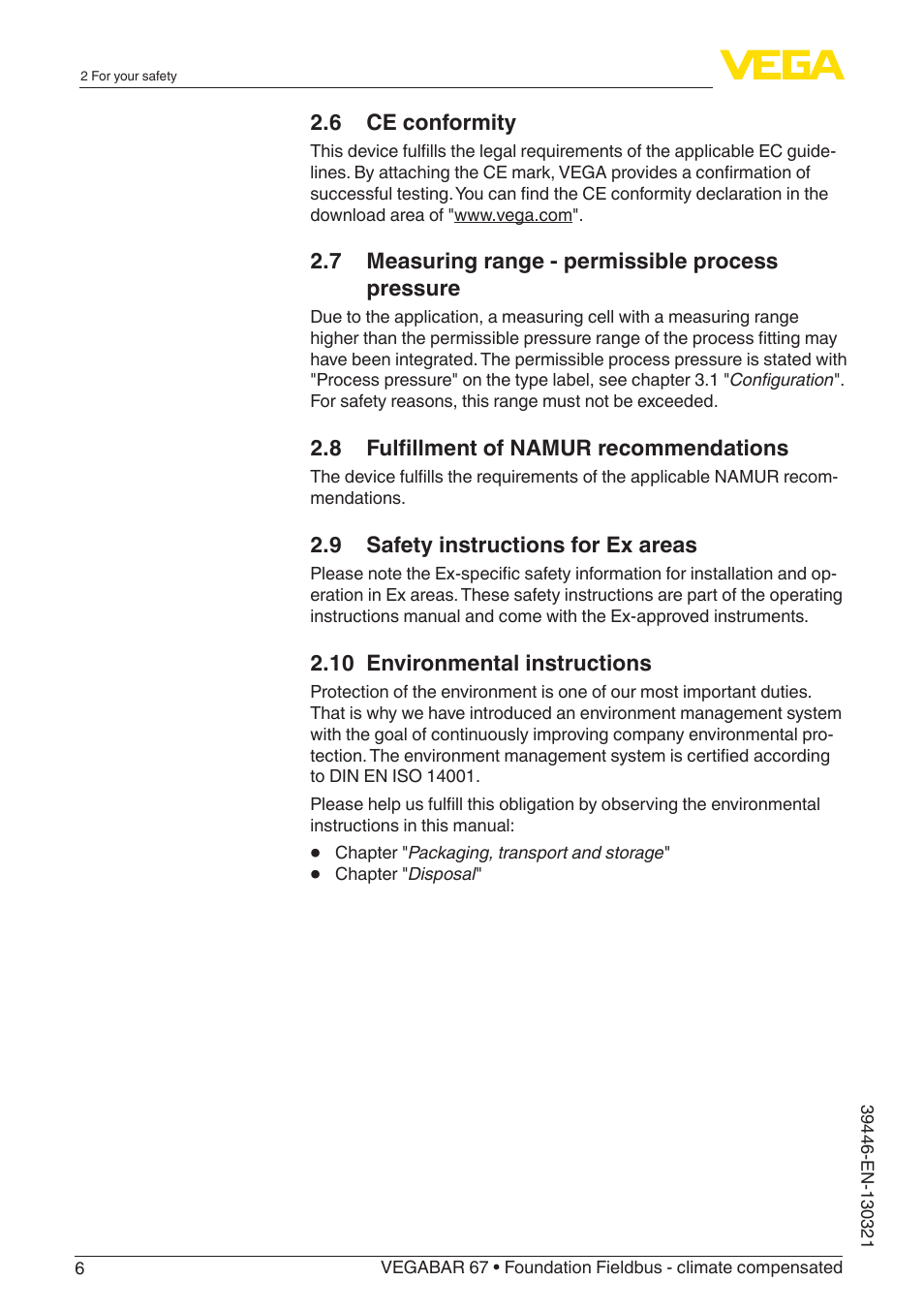 VEGA VEGABAR 67 Foundation Fieldbus - climate compensated User Manual | Page 6 / 68