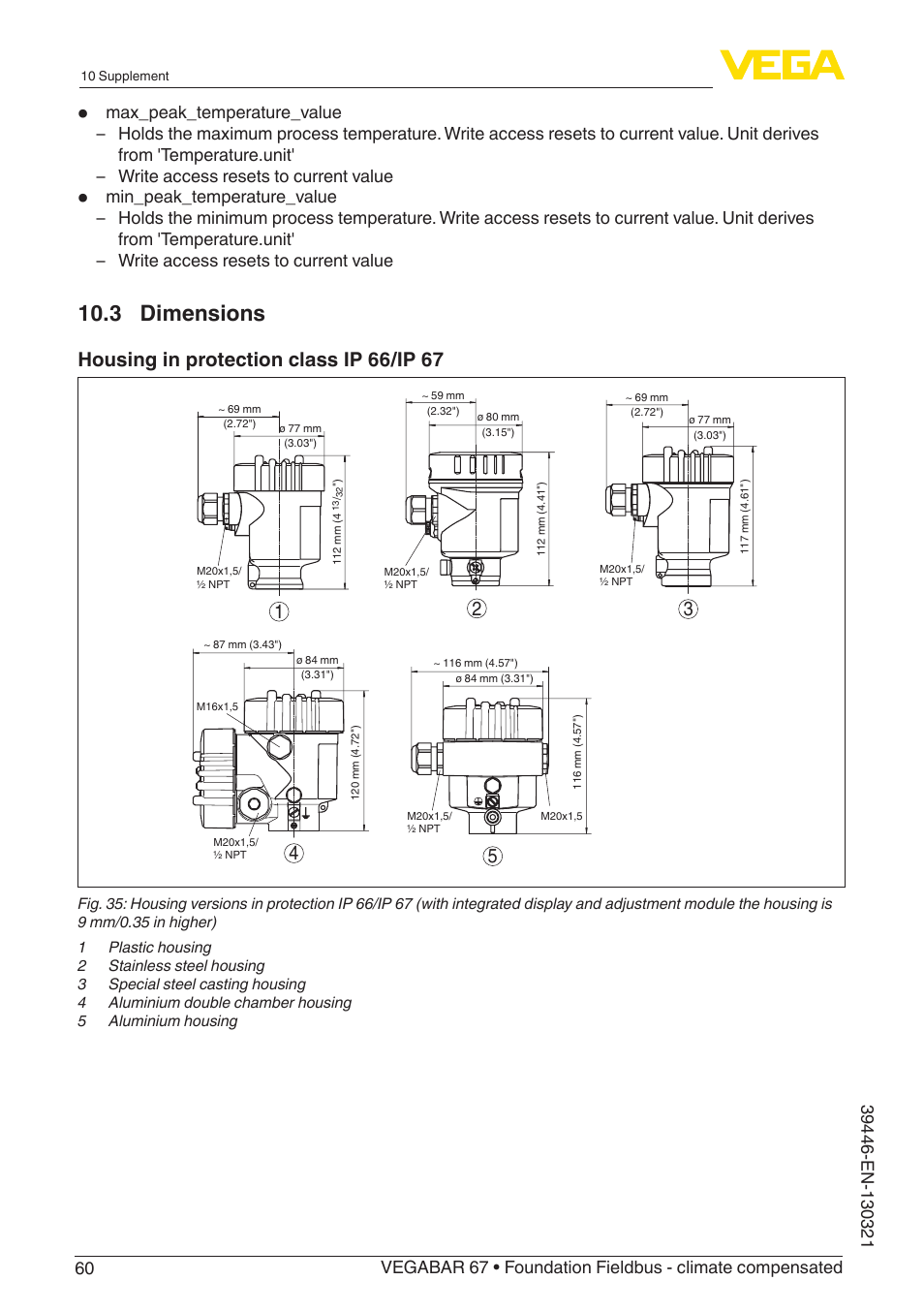 3 dimensions, Housing in protection class ip 66/ip 67 | VEGA VEGABAR 67 Foundation Fieldbus - climate compensated User Manual | Page 60 / 68