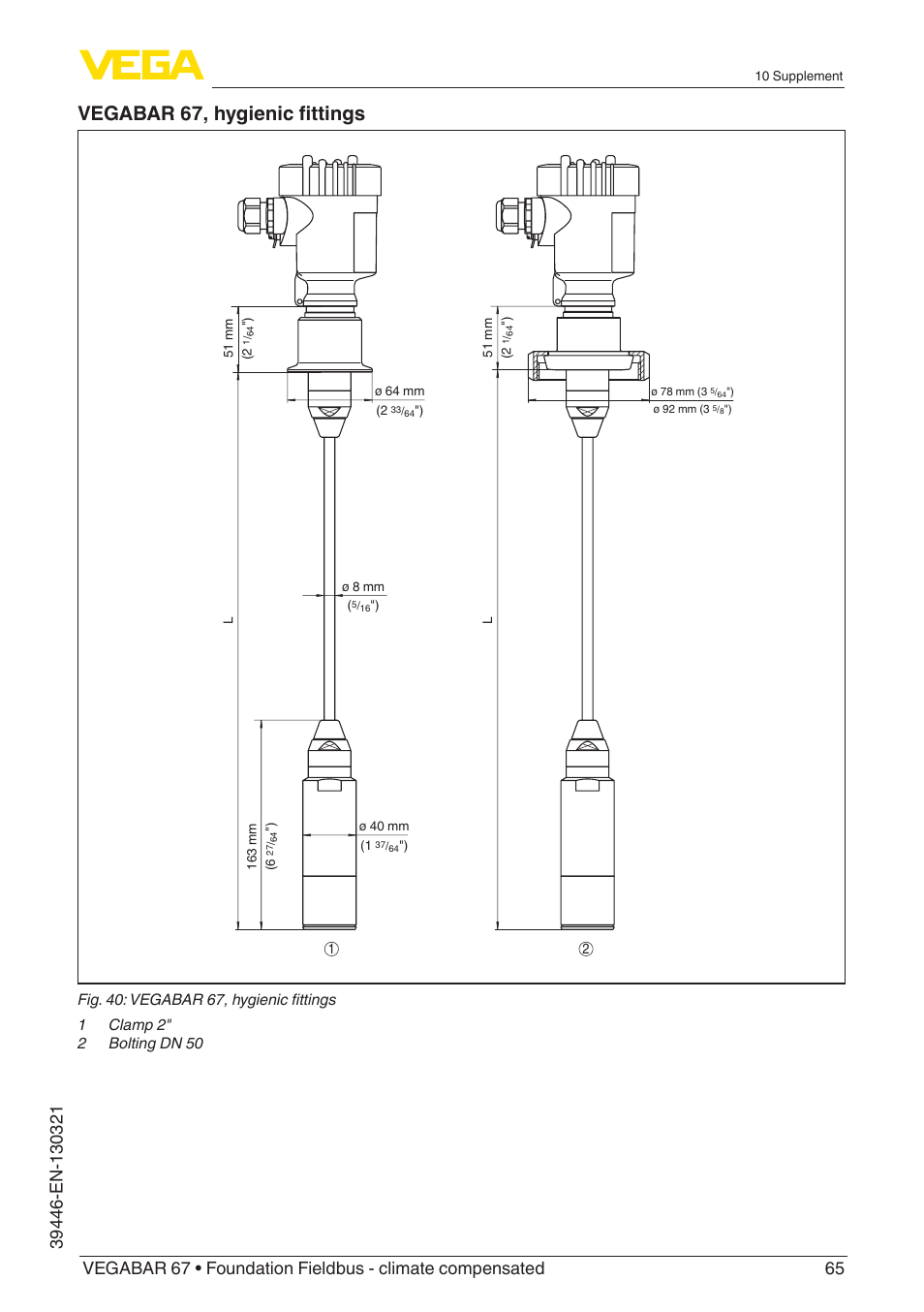 Vegabar 67, hygienic fittings | VEGA VEGABAR 67 Foundation Fieldbus - climate compensated User Manual | Page 65 / 68