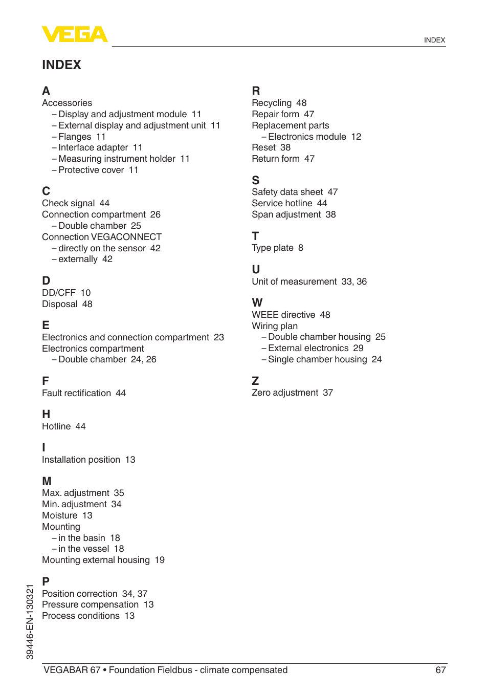 Index | VEGA VEGABAR 67 Foundation Fieldbus - climate compensated User Manual | Page 67 / 68