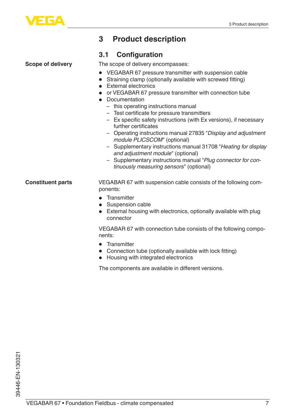 3 product description | VEGA VEGABAR 67 Foundation Fieldbus - climate compensated User Manual | Page 7 / 68