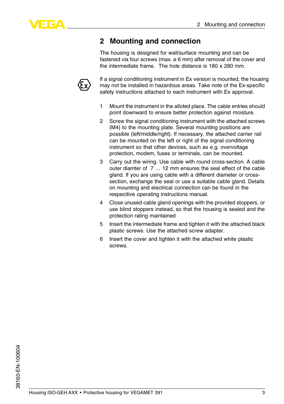 2 mounting and connection, 2mounting and connection | VEGA Housing ISO-GEH.AXX for VEGAMET 391 User Manual | Page 3 / 8
