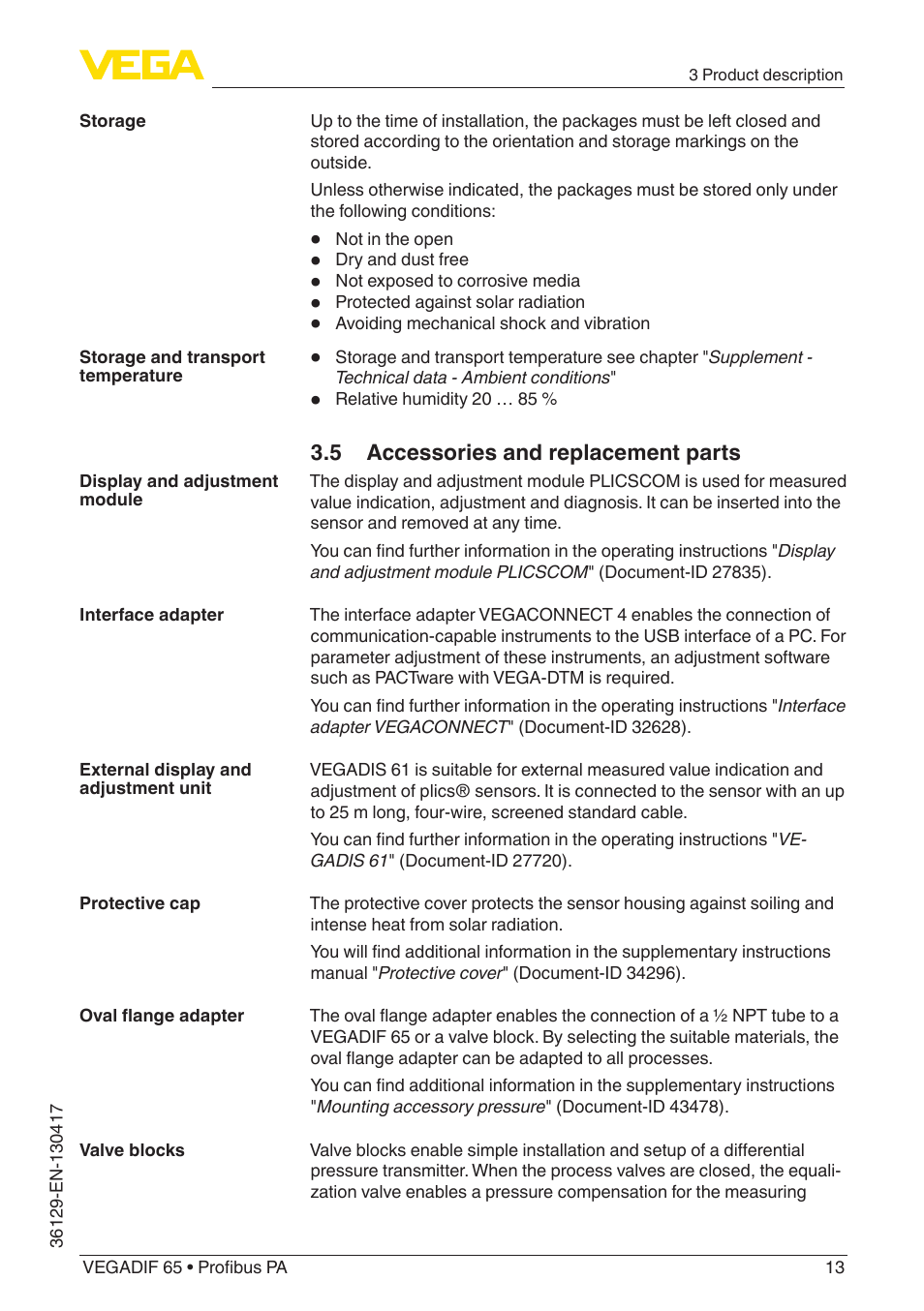 VEGA VEGADIF 65 Profibus PA User Manual | Page 13 / 96
