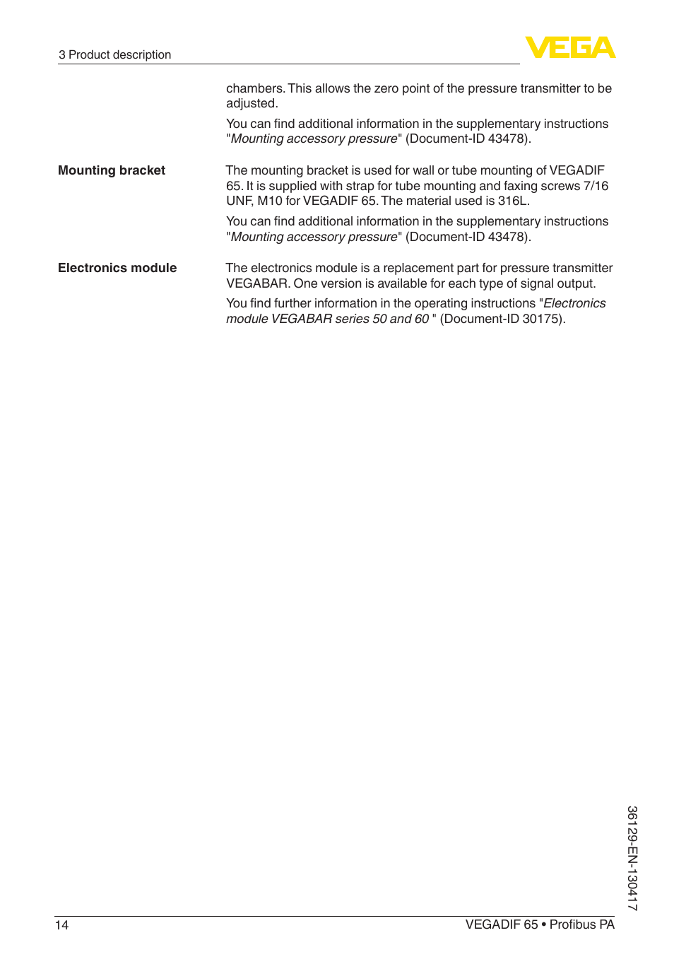 VEGA VEGADIF 65 Profibus PA User Manual | Page 14 / 96