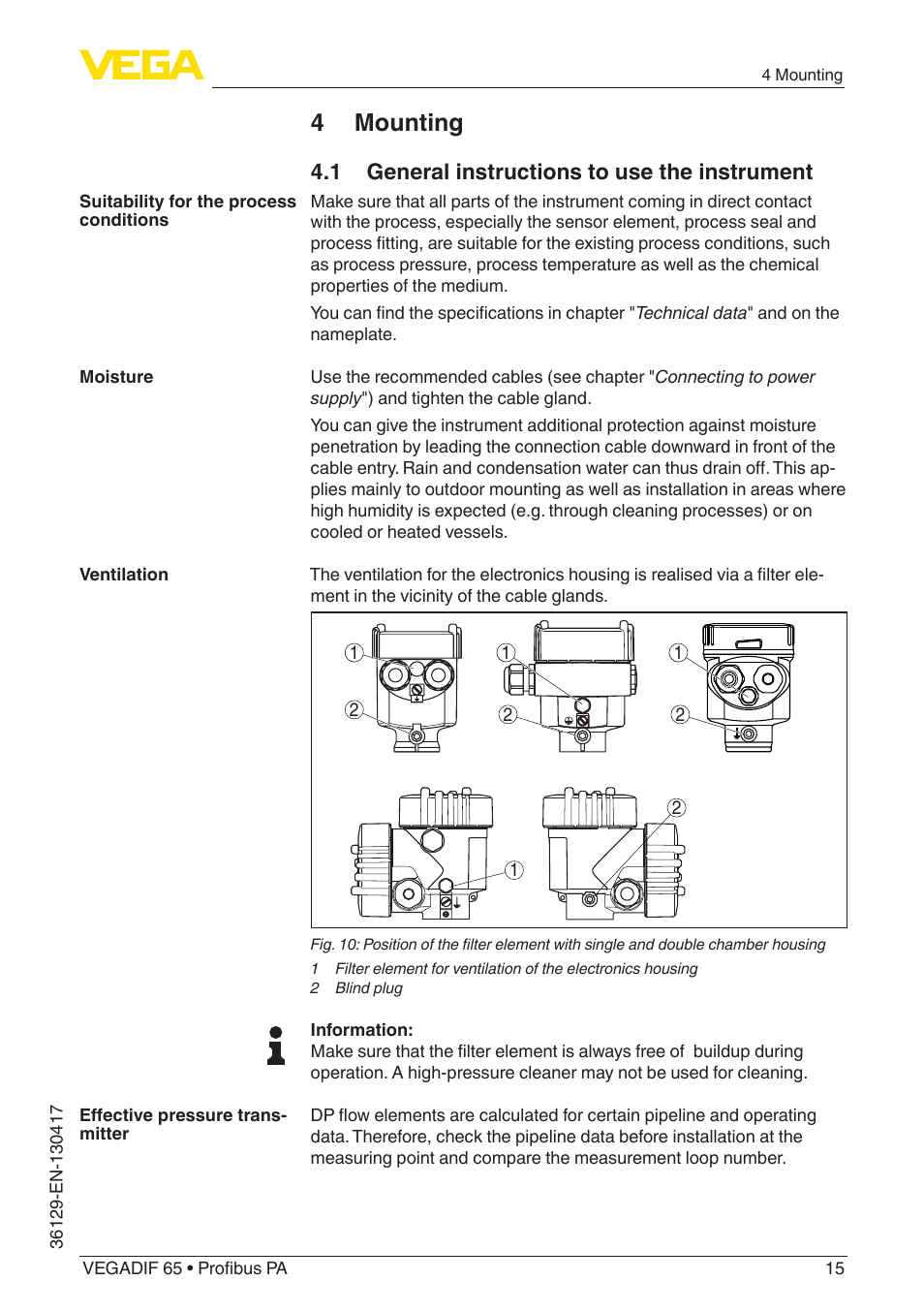 4 mounting, 1 general instructions to use the instrument | VEGA VEGADIF 65 Profibus PA User Manual | Page 15 / 96