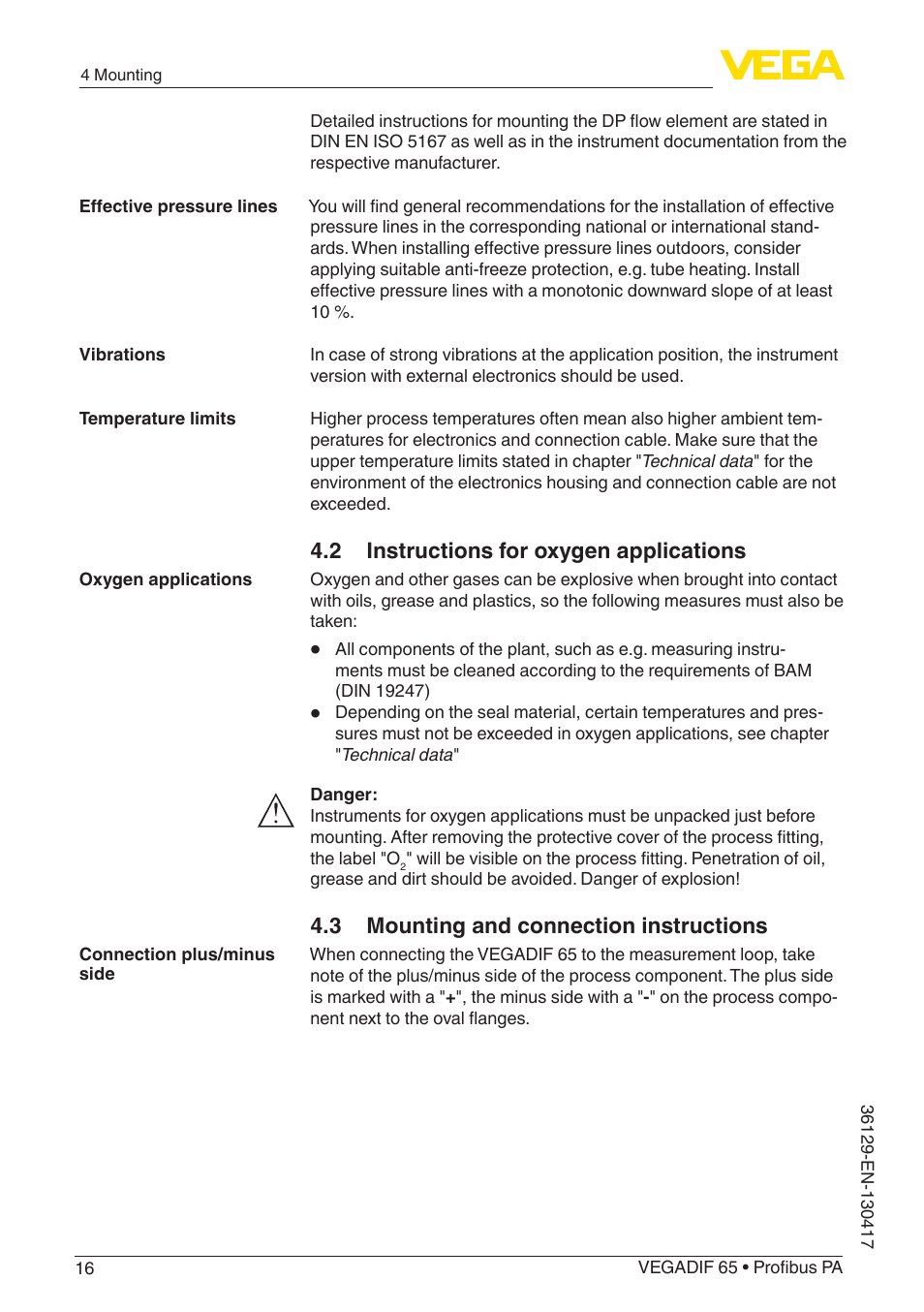 2 instructions for oxygen applications, 3 mounting and connection instructions | VEGA VEGADIF 65 Profibus PA User Manual | Page 16 / 96