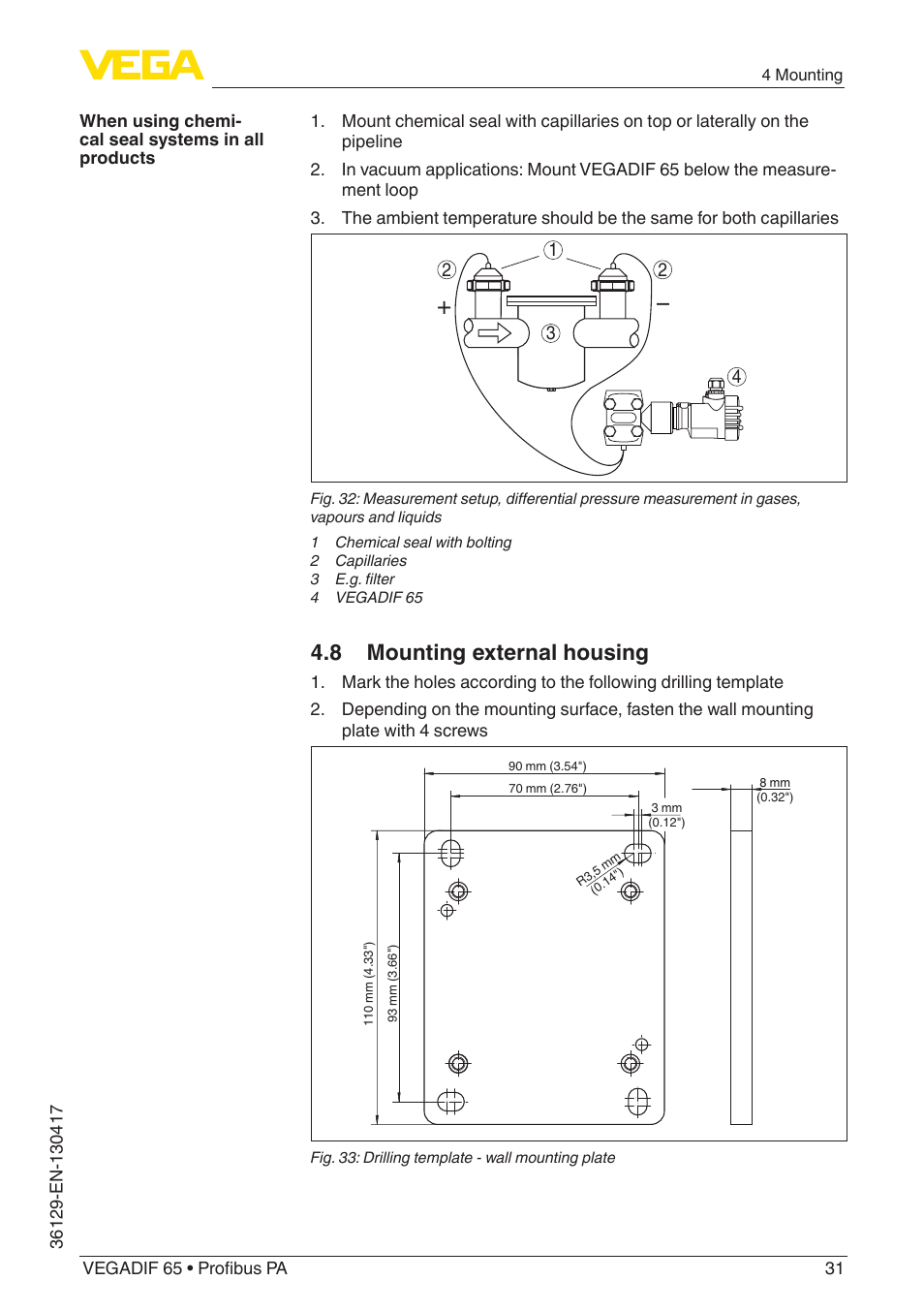 8 mounting external housing | VEGA VEGADIF 65 Profibus PA User Manual | Page 31 / 96