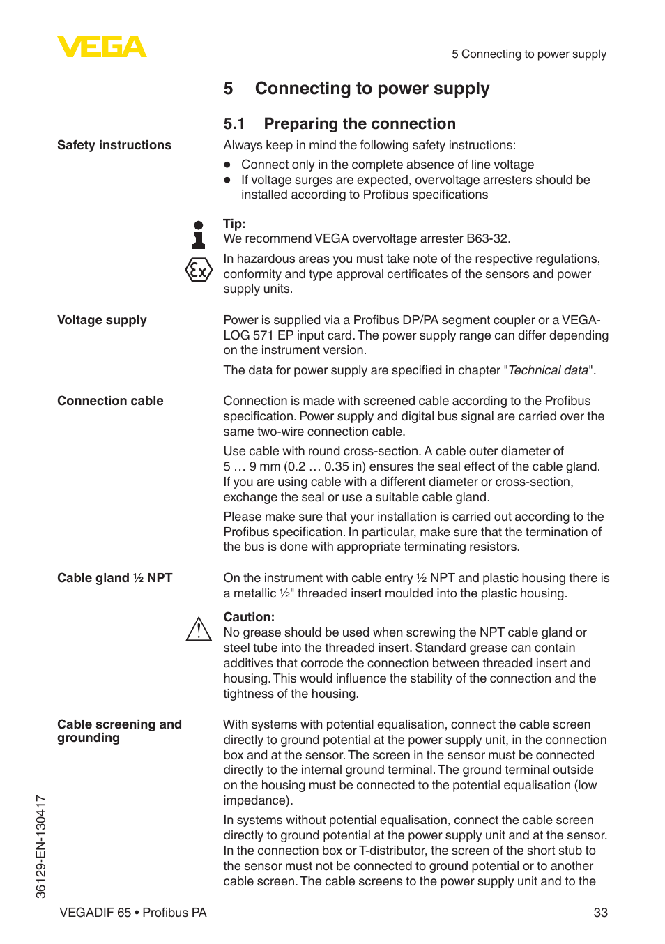 5 connecting to power supply, 1 preparing the connection | VEGA VEGADIF 65 Profibus PA User Manual | Page 33 / 96