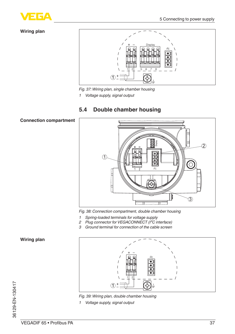 4 double chamber housing, Wiring plan connection compartment wiring plan | VEGA VEGADIF 65 Profibus PA User Manual | Page 37 / 96