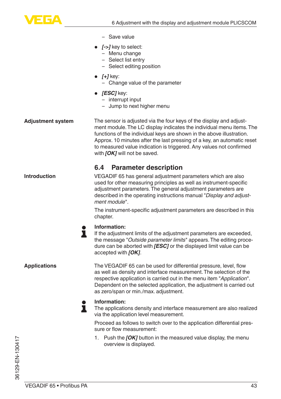 VEGA VEGADIF 65 Profibus PA User Manual | Page 43 / 96