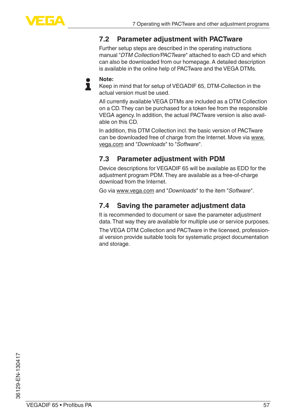 2 parameter adjustment with pactware, 3 parameter adjustment with pdm, 4 saving the parameter adjustment data | VEGA VEGADIF 65 Profibus PA User Manual | Page 57 / 96