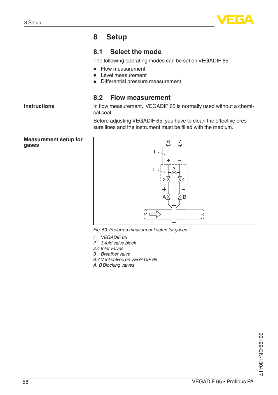 8 setup, 1 select the mode, 2 flow measurement | VEGA VEGADIF 65 Profibus PA User Manual | Page 58 / 96
