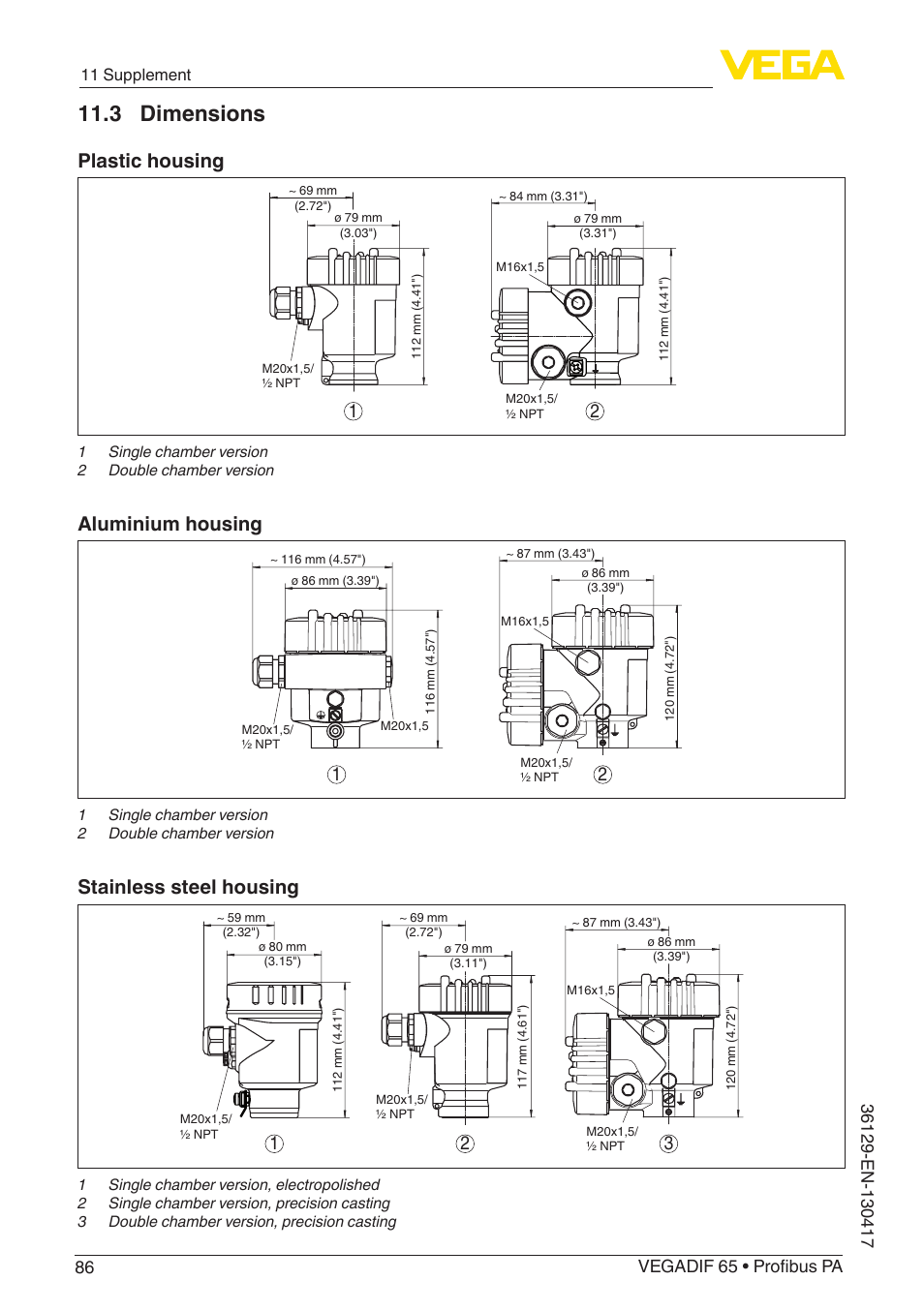 3 dimensions, Plastic housing, Aluminium housing | Stainless steel housing | VEGA VEGADIF 65 Profibus PA User Manual | Page 86 / 96