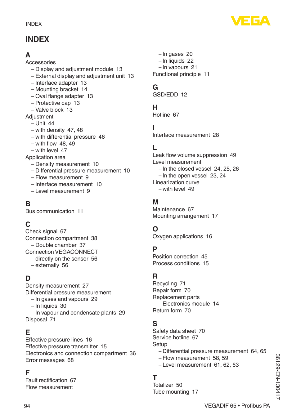 Index | VEGA VEGADIF 65 Profibus PA User Manual | Page 94 / 96