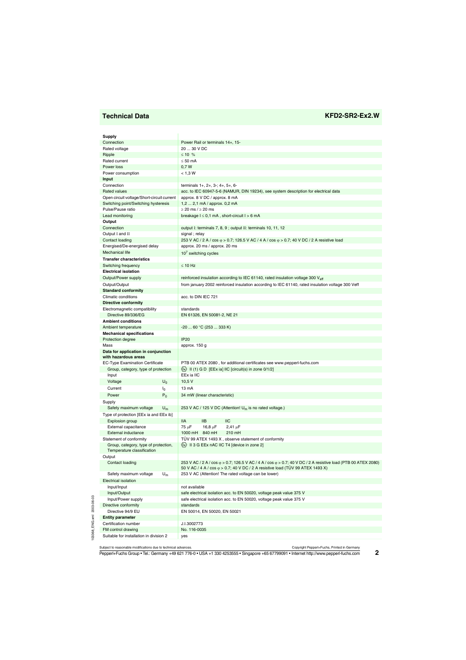Technical data kfd2-sr2-ex2.w | VEGA KFD2-SR2-Ex2.W User Manual | Page 2 / 3