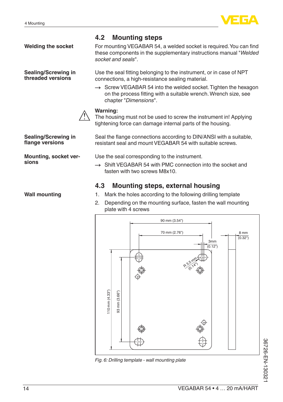 2 mounting steps, 3 mounting steps, external housing | VEGA VEGABAR 54 4 … 20 mA_HART User Manual | Page 14 / 72