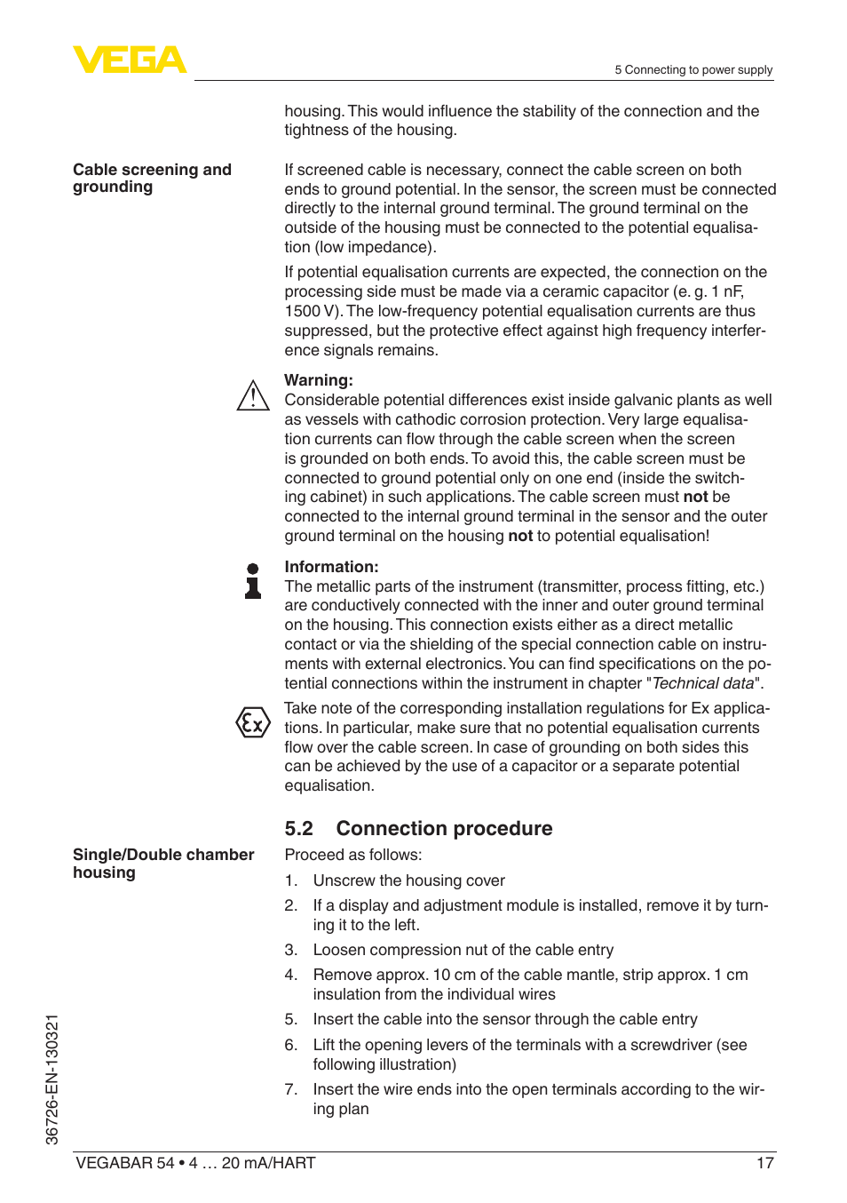 2 connection procedure | VEGA VEGABAR 54 4 … 20 mA_HART User Manual | Page 17 / 72