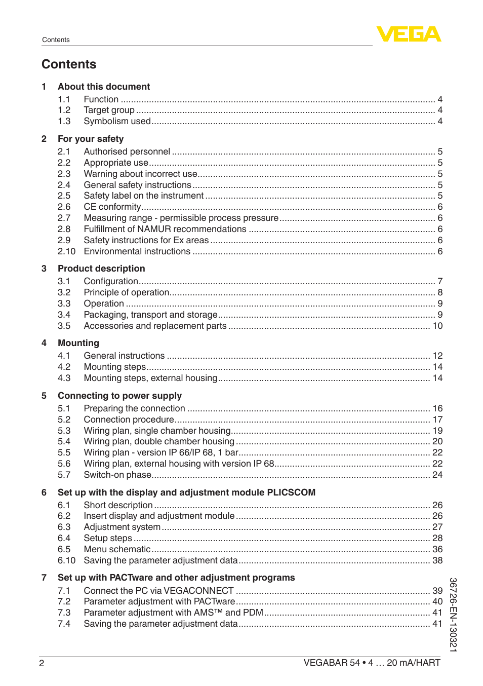 VEGA VEGABAR 54 4 … 20 mA_HART User Manual | Page 2 / 72