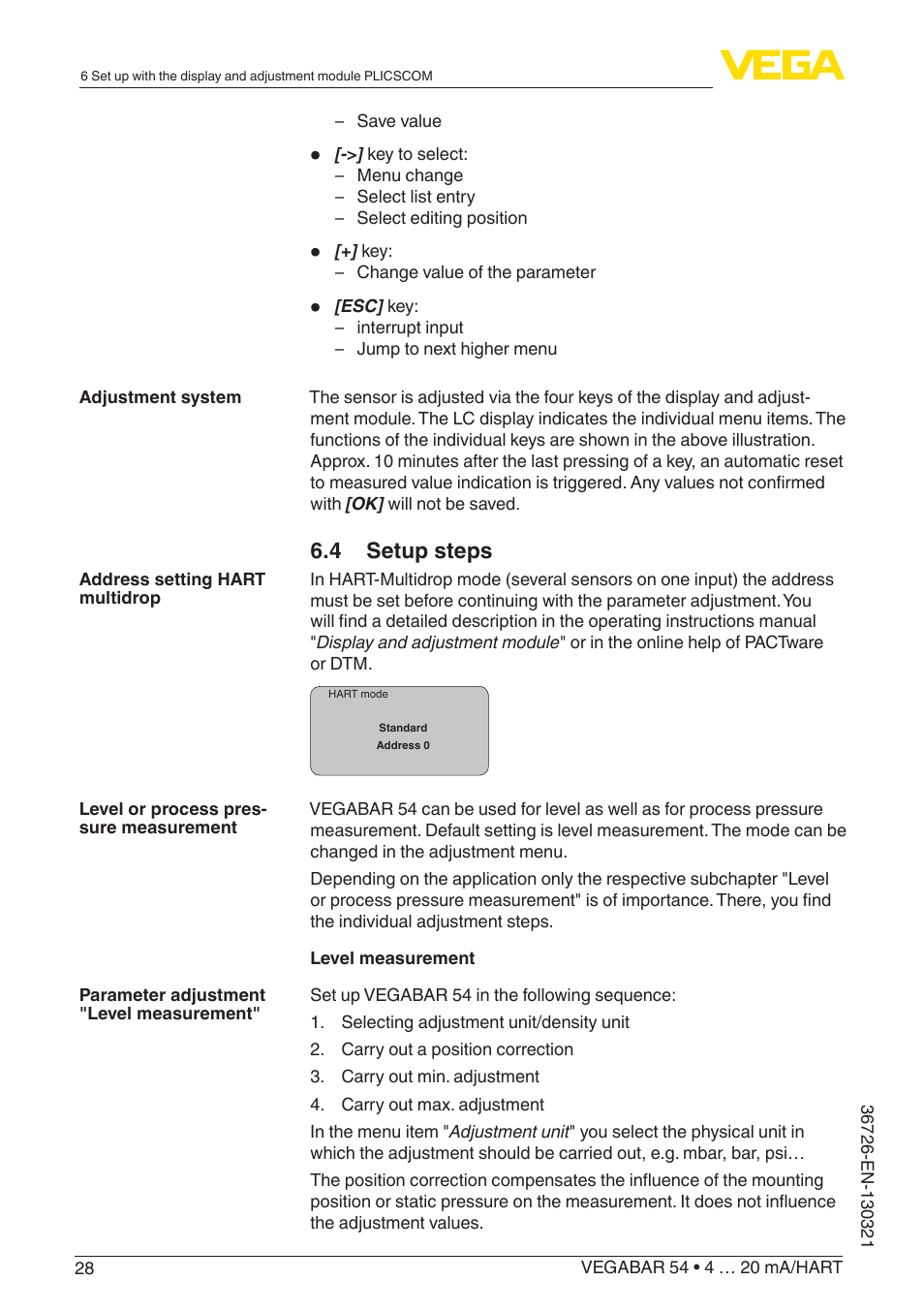 4 setup steps | VEGA VEGABAR 54 4 … 20 mA_HART User Manual | Page 28 / 72