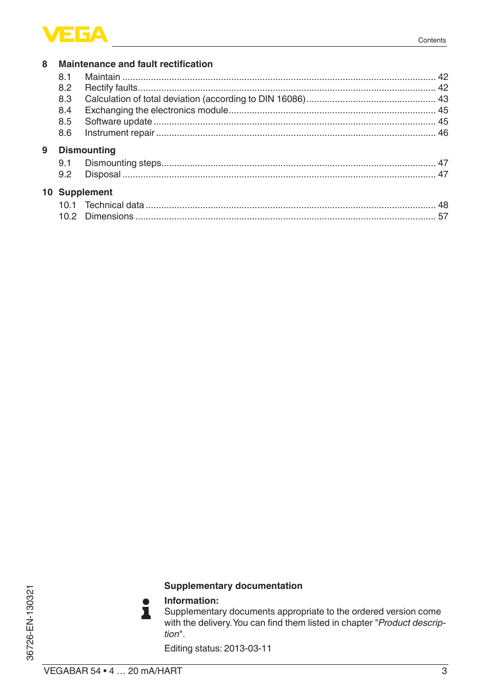 VEGA VEGABAR 54 4 … 20 mA_HART User Manual | Page 3 / 72