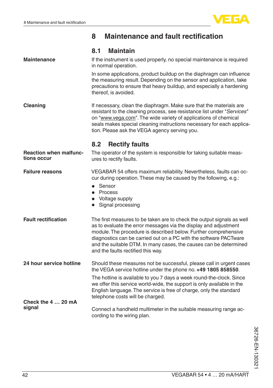 8 maintenance and fault rectification | VEGA VEGABAR 54 4 … 20 mA_HART User Manual | Page 42 / 72