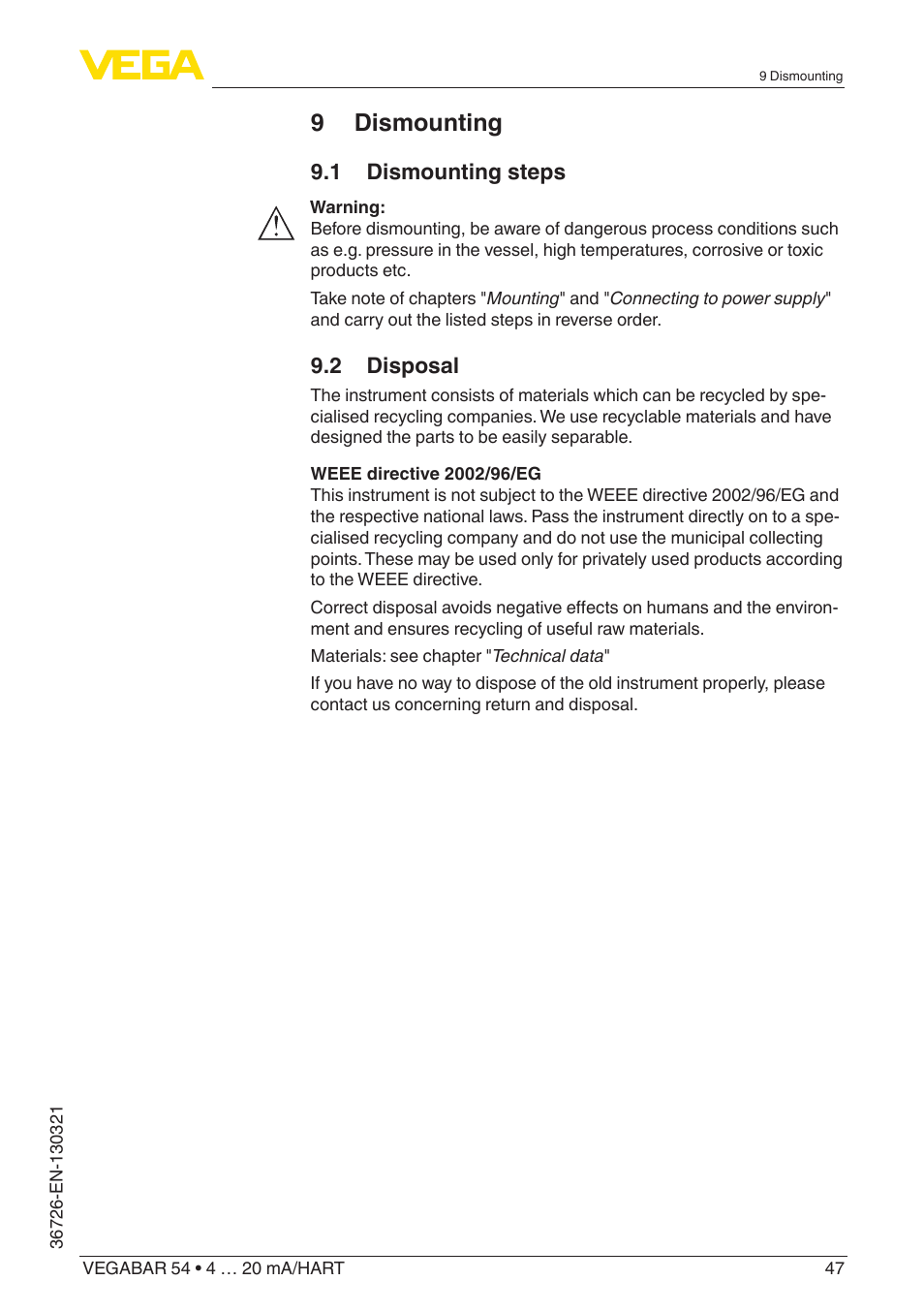 9 dismounting, 1 dismounting steps, 2 disposal | VEGA VEGABAR 54 4 … 20 mA_HART User Manual | Page 47 / 72