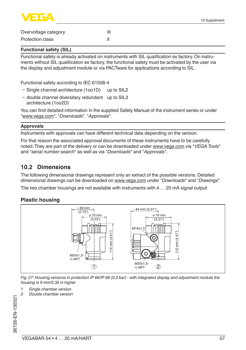 2 dimensions, Plastic housing | VEGA VEGABAR 54 4 … 20 mA_HART User Manual | Page 57 / 72