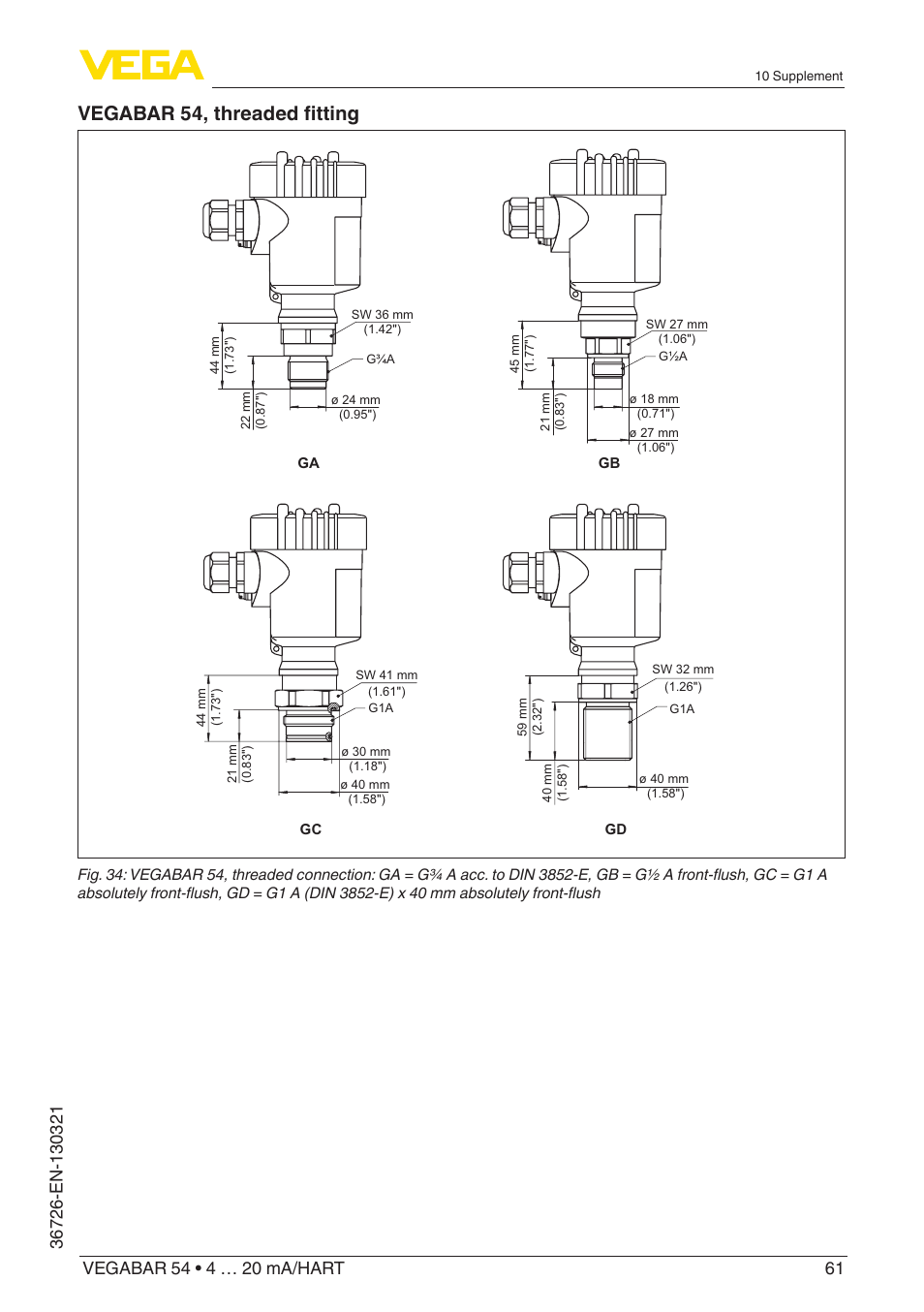 Vegabar 54, threaded fitting | VEGA VEGABAR 54 4 … 20 mA_HART User Manual | Page 61 / 72