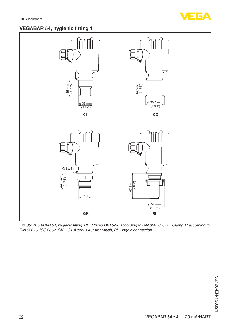 Vegabar 54, hygienic fitting 1 | VEGA VEGABAR 54 4 … 20 mA_HART User Manual | Page 62 / 72